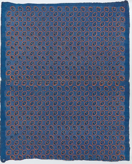 Blue sheet with two borders with a white floral and lace pattern, by Anonymous