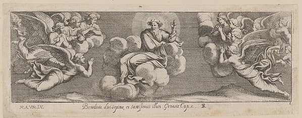 Plate 1: God Blessing on the Seventh Day, from Genesis Chapter 2, after a lost fresco in the basamento of Bay 1 of the Vatican Loggia, by Pietro Santi Bartoli