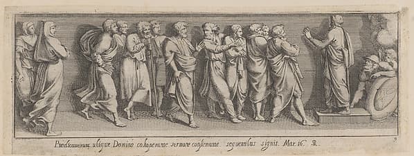 Plate 9: Joshua, standing at right, speaks to the people of Israel, after a lost fresco in the basamento of Bay 10 of the Vatican Loggia, by Pietro Santi Bartoli