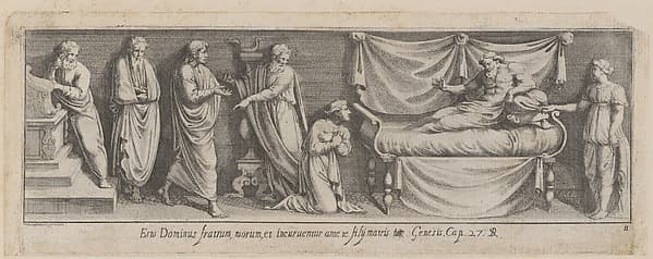 Plate 11: Bathsheba interceding with David for Solomon, from Genesis 27, after a lost fresco in the basamento of Bay 11 of the Vatican Loggia, by Pietro Santi Bartoli