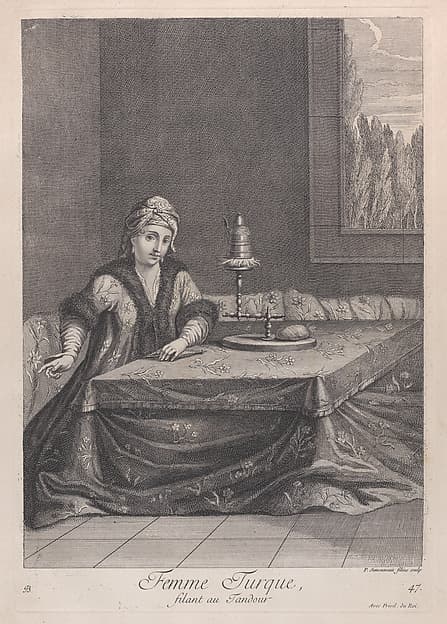 Femme Turque, filant au Tandour, plate 47 from "Recueil de cent estampes représentent differentes nations du Levant", by Jean Baptiste Vanmour