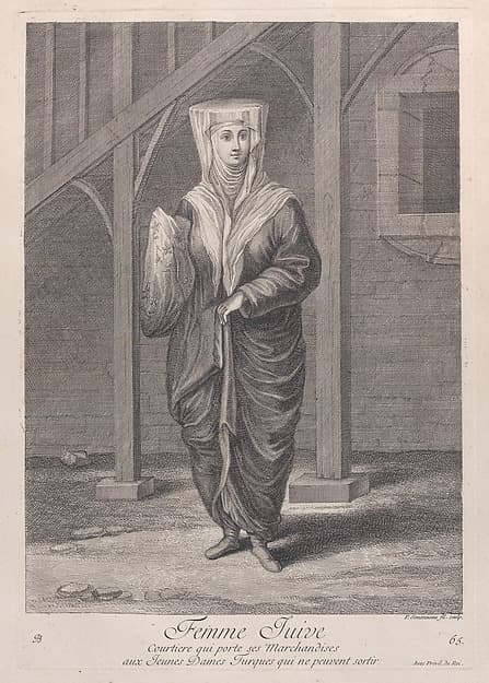 Femme Juive, Courtiere qui porte ses Marchandises aux Juenes Dames Turques qui ne peuvent sortir, plate 65 from "Recueil de cent estampes représentent differentes nations du Levant", by Jean Baptiste Vanmour