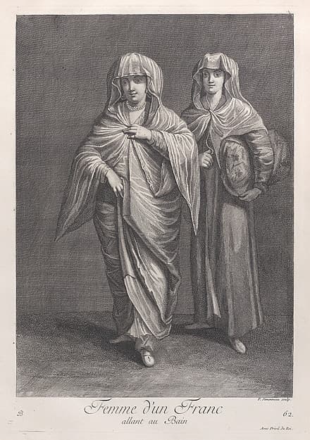 Femme d'un Franc, allant au Bain, plate 62 from "Recueil de cent estampes représentent differentes nations du Levant", by Jean Baptiste Vanmour