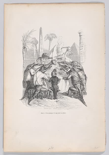 Friends, the wise one places his glory in eating well, from "Scenes from the Private and Public Life of Animals", by J. J. Grandville