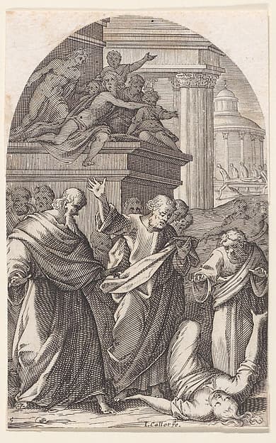 Sapphira Punished by Death, plate 5 from Les Tableaux de Rome, Les Eglises Jubilaires (The Paintings of Rome, The Churches Jubilee), by Jacques Callot