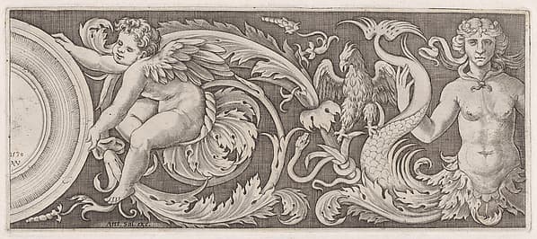 Frieze with Eros and a Siren, by Agostino Veneziano (Agostino dei Musi)