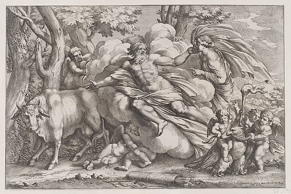 Io at the left as a cow, Jupiter on a cloud in the centre and Juno at the right with putti holding an eagle captive in the lower right, by Pietro Santi Bartoli