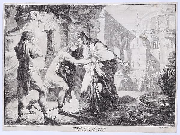 Iphigenia accompanied by Pylades recognises Orestes, whom she is about to sacrifice, by Giovanni David