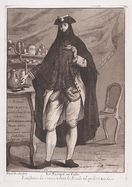 A man wearing a mask drinking a cup of coffee (Le Masque au Caffé), title page to "Divers Portraits", by Giovanni David