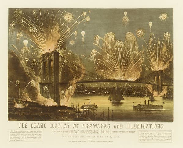 The Grand Display of Fireworks and Illuminations at the Opening of the Great Suspension Bridge between New York and Brooklyn on the Evening of May 24, 1883. View from New York Looking towards Brooklyn., by Currier & Ives