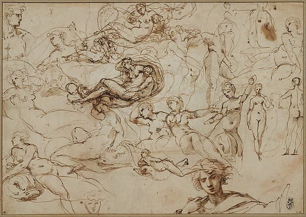 Figure Studies for Various Female and Male Figures (recto); Threes Amors in the Garden of Venus (verso), by Agostino Carracci