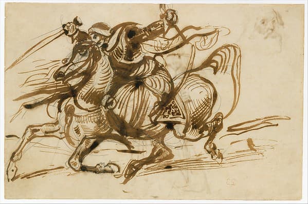 The Giaour on Horseback (recto); Study of a Woman with Head and Arms Thrown Back, and Study of the Head of an Old Man (verso), by Eugène Delacroix