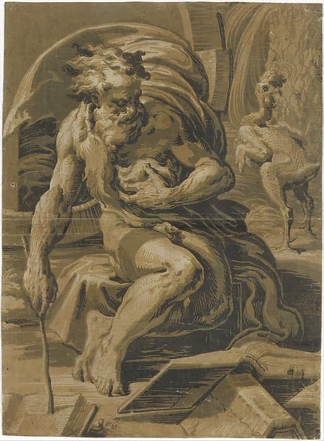 Diogenes, seated before his barrel, reading from a book, a plucked hen standing behind him at right, by Ugo da Carpi