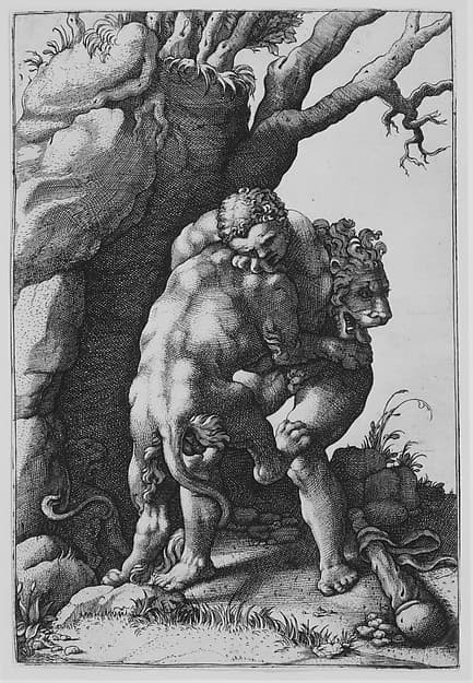 Hercules and the Nemean Lion, by Adamo (Ghisi) Scultori