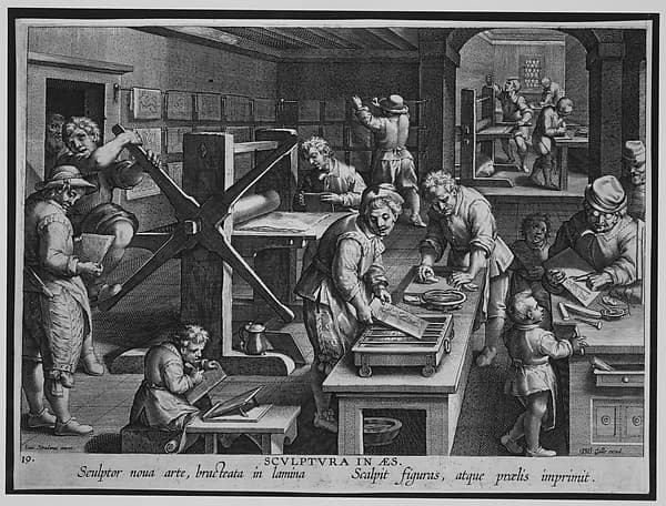 The Workshop of an Engraver [Sculptura in Aes], plate 19 from Nova Reperta, by Jan van der Straet, called Stradanus