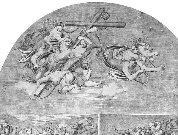 Angels Carrying the Cross with Saints below (upper left section of the Last Judgment), by Niccolò della Casa