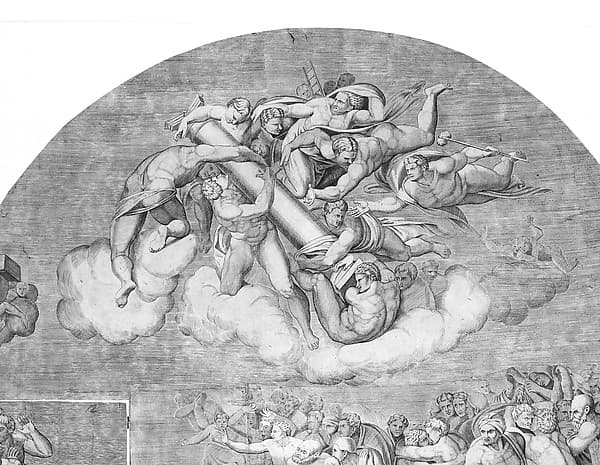 Angels Carrying Pillar with Saints Below (upper right section of the Last Judgment), by Niccolò della Casa