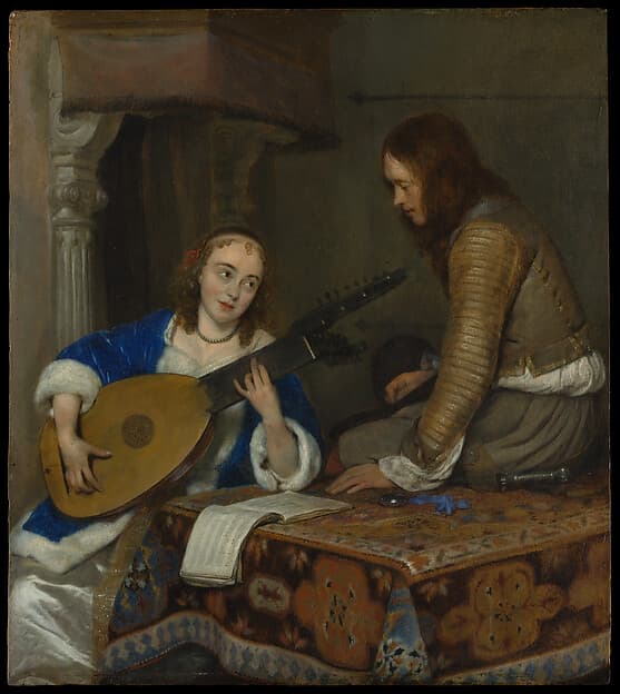 A Woman Playing the Theorbo-Lute and a Cavalier, by Gerard ter Borch the Younger