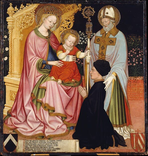 Madonna and Child with the Donor, Pietro de' Lardi, Presented by Saint Nicholas, by Master G.Z. (possibly Michele dai Carri, Italian, Ferrara, active by 1405–died 1441 Ferrara)
