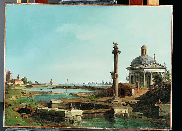 A Lock, a Column, and a Church beside a Lagoon, by Canaletto (Giovanni Antonio Canal)