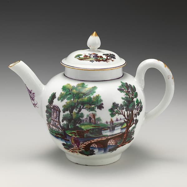Teapot with landscape, by Worcester factory