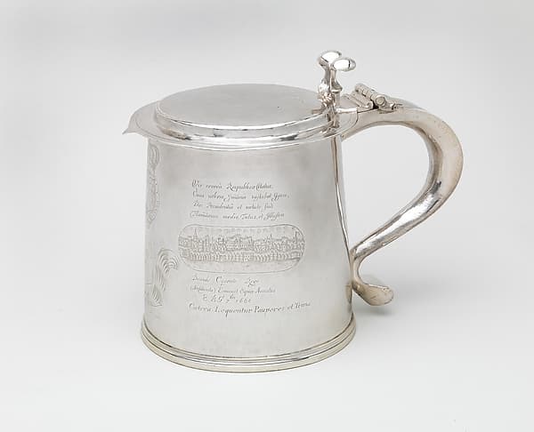 Tankard engraved with scenes of the Great Plague and the Great Fire of London, by I N