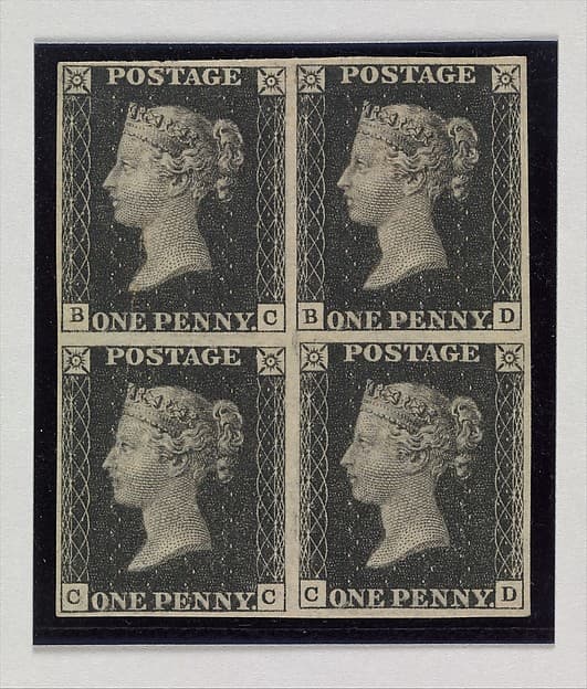 Unused block of four "Penny Black" postage stamps of Queen Victoria, by William Wyon