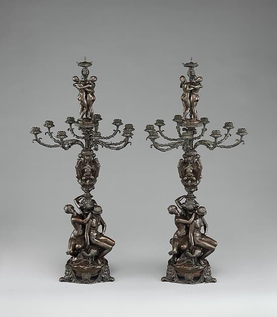 Pair of Nine Light Candelabra with Six Figures, Masks, and Chimeras, by Antoine-Louis Barye