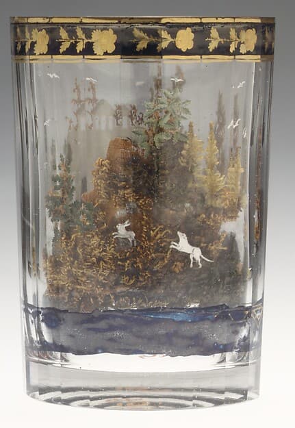 Dog chasing a rabbit in a landscape with dacha and hut, by Alexander Vershinin