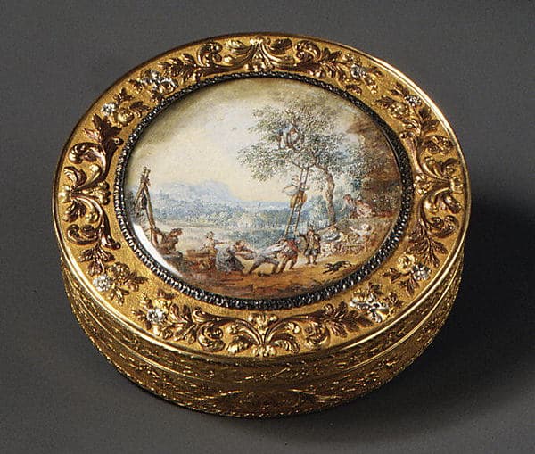 Snuffbox with scene of harvesting fruit, by Johann Wilhelm Keibel