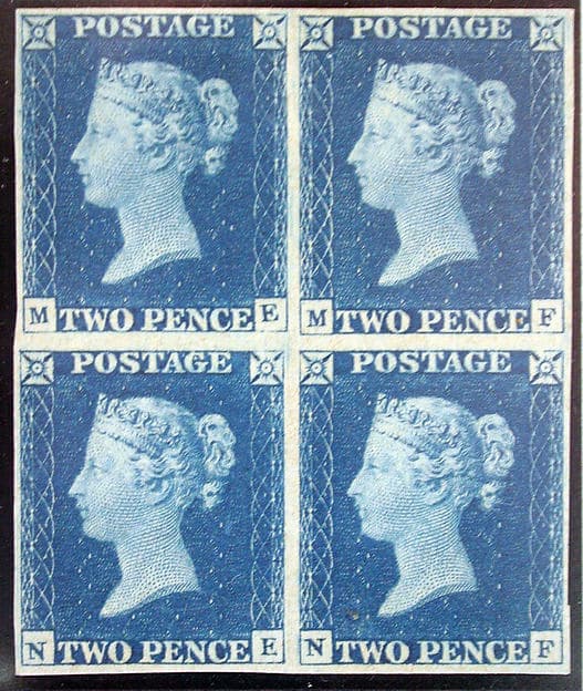 Unused block of four "Two Penny Blue" postage stamps of Queen Victoria, by William Wyon