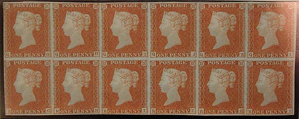 Unused block of twelve "Penny Red Brown" postage stamps of Queen Victoria, by William Wyon