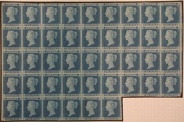 Unused block of forty-two "Two Penny Blue" postage stamps of Queen Victoria, by William Wyon