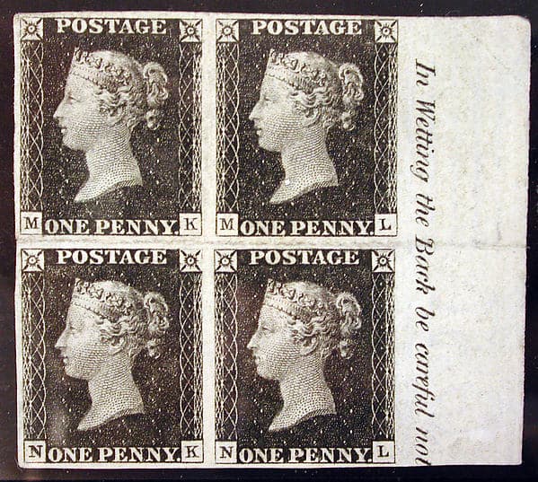 Unused block of four "Penny Black" postage stamps of Queen Victoria, by William Wyon
