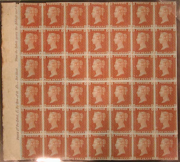Unused block of forty-two "Penny Red-Brown" postage stamps of Queen Victoria, by William Wyon