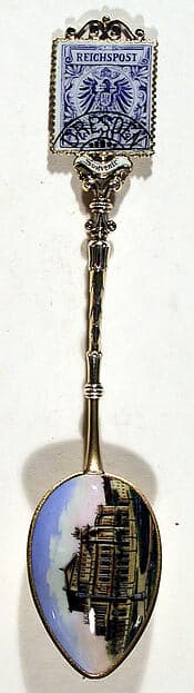 Souvenir spoon with a Dresden building (possibly General Post Office) and finial in form of postage stamp