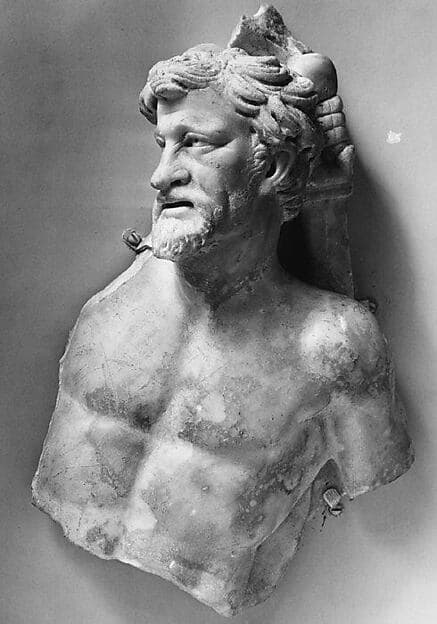 Marble sarcophagus fragment: head and torso of a Gaul