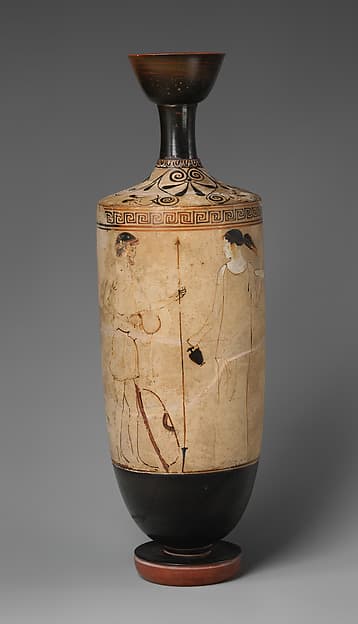 Terracotta lekythos (oil flask), by Villa Giulia Painter