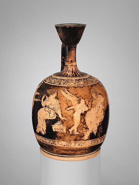 Terracotta squat lekythos (oil flask), by Meidias Painter