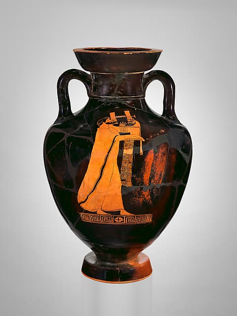 Terracotta neck-amphora of Panathenaic shape (jar), by Pan Painter