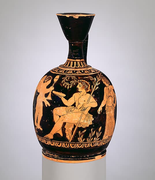 Terracotta squat lekythos (oil flask), by Meidias Painter
