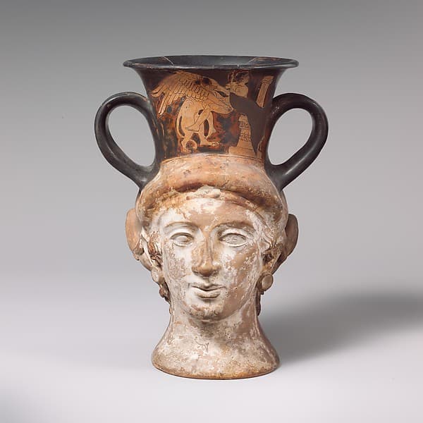 Terracotta kantharos (drinking cup with high handles), by Class W: The Persian Class of Head Vases