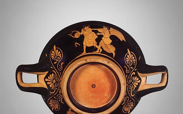 Terracotta stemless kylix (drinking cup), by Penthesilea Painter