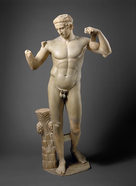 Fragments of a marble statue of the Diadoumenos (youth tying a fillet around his head), by Polykleitos