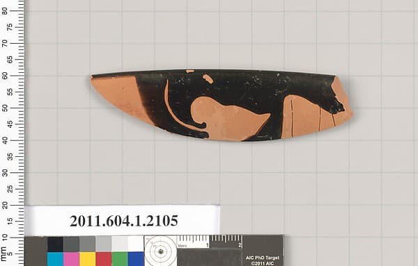 Terracotta rim fragment of a kylix (drinking cup), by Pan Painter