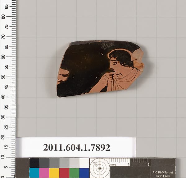 Terracotta rim fragment of a kylix (drinking cup), by Painter of London E 777
