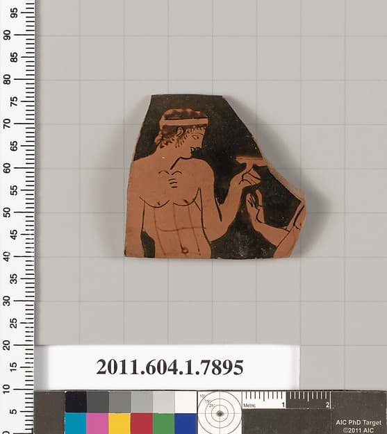 Terracotta rim fragment of a kylix (drinking cup), by Painter of London E 777