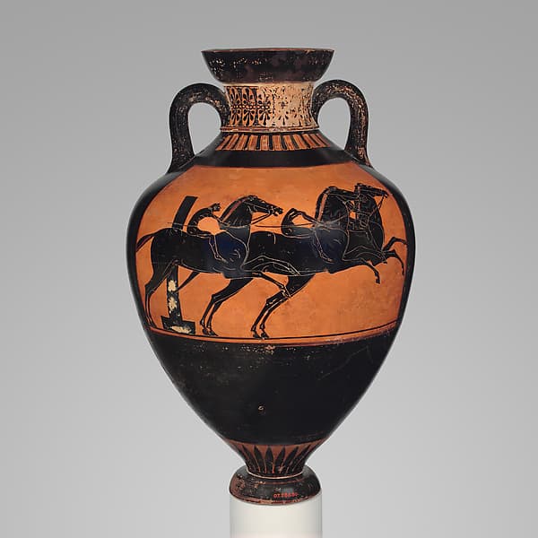 Terracotta Panathenaic prize amphora (jar), by Leagros Group