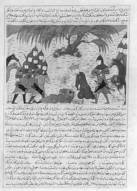 "Alexander the Great and Dying Darius", Folio from a Majma' al-Tavarikh (Compendium of Histories) of Hafiz-i Abru, by Hafiz-i Abru