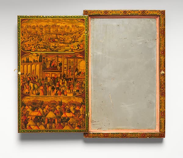 Mirror Case Depicting the Meeting of Nasir al-Din Mirza and Tsar Nicholas I in Erivan and Satin Pouch, by Muhammad Isma'il Isfahani
